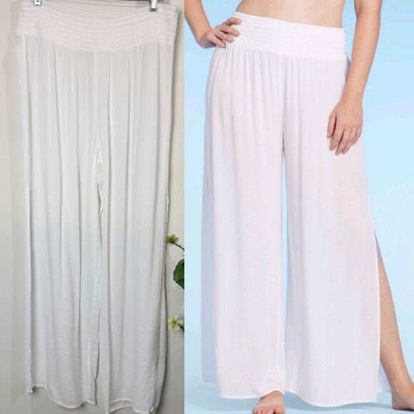 Shade & Shore White Smocked Waist Side Slit Cover-Up Pants | Large | Swim - Picture 1 of 10